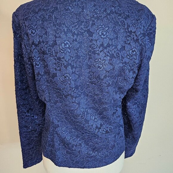 ALEX Evenings Size 12 Blazer Blue Metallic Sparkle Open Front Stretch - Picture 6 of 10